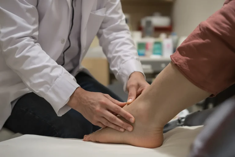 Podiatrist examining a patient's heel to locate the source of pain